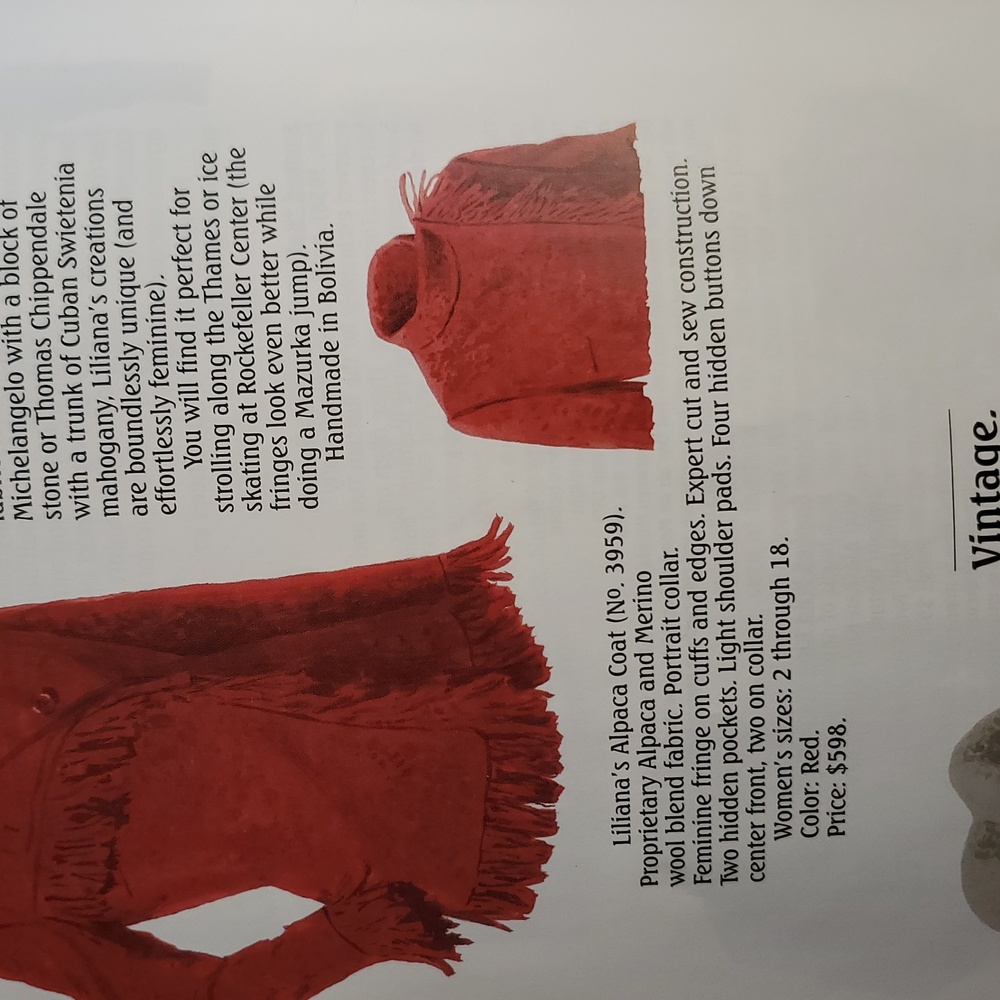 J Peterman red Coat Jacket 10 Alpaca Liliana Castellanos $598. in catalog